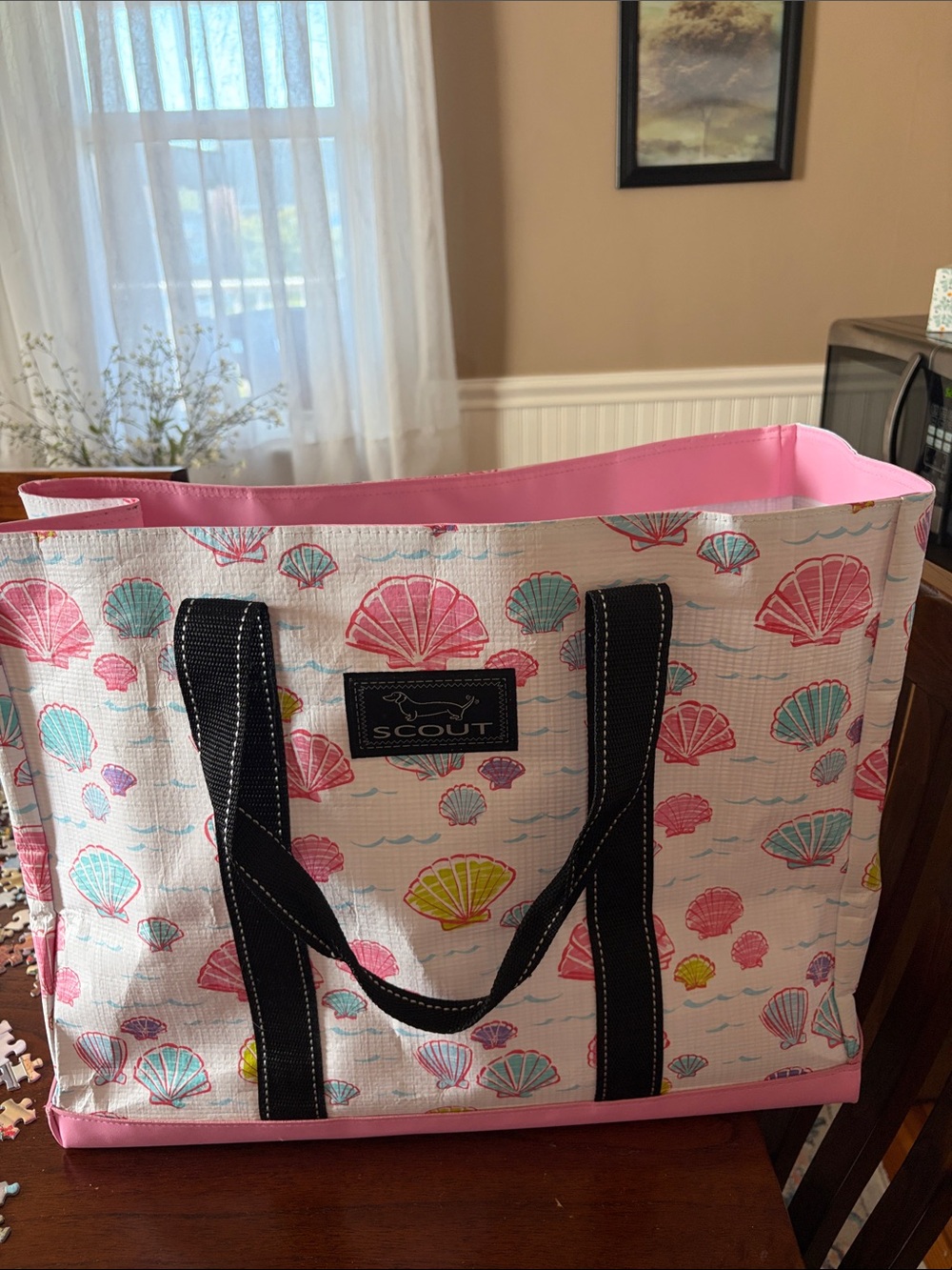 Scout Shell-Print Tote in Pink with Black Handles